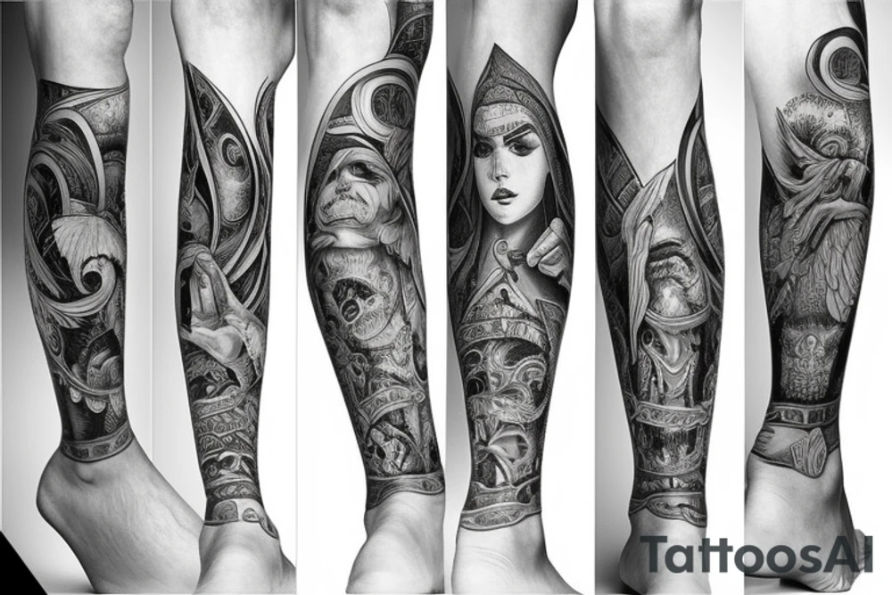 religious full leg sleeve tattoo idea
