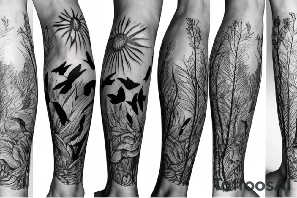 religious and nature full leg sleeve tattoo idea