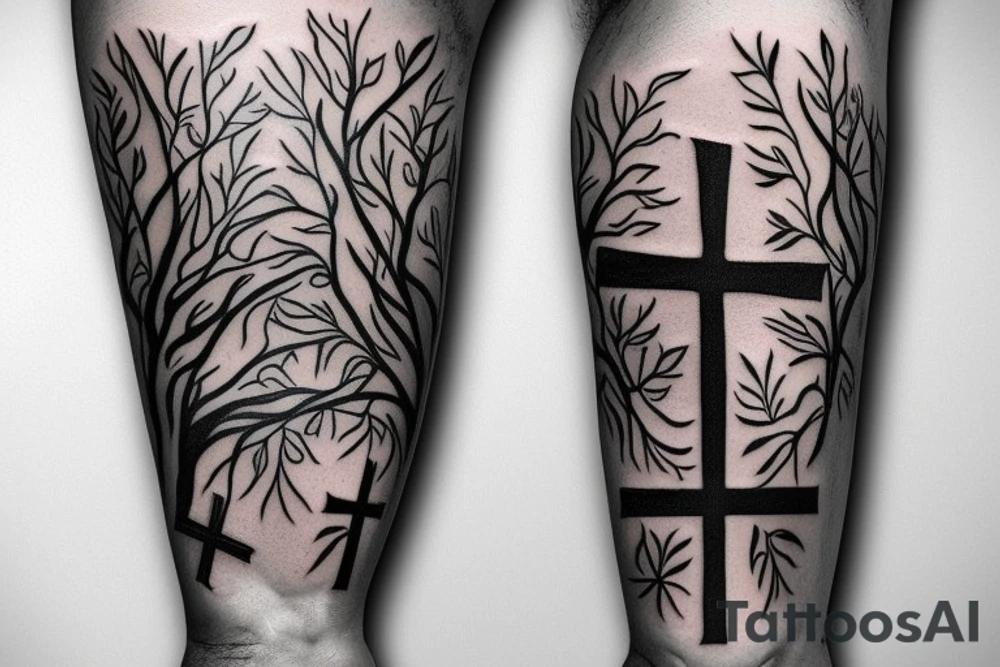 leaves and trees with crosses and jesus full thigh sleeve tattoo idea