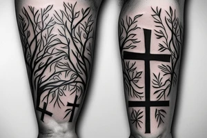 leaves and trees with crosses and jesus full thigh sleeve tattoo idea