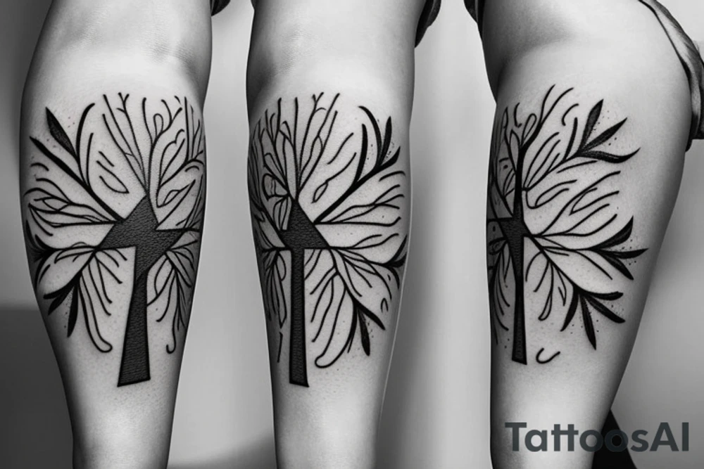 leaves and trees with crosses and jesus full thigh sleeve tattoo idea
