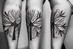 leaves and trees with crosses and jesus full thigh sleeve tattoo idea