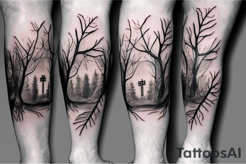 leaves and trees with crosses and jesus full thigh sleeve tattoo idea