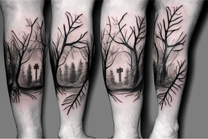 leaves and trees with crosses and jesus full thigh sleeve tattoo idea