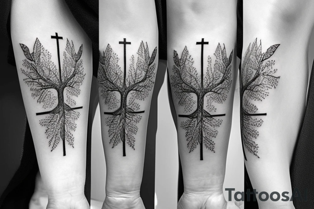leaves and trees with crosses and jesus full thigh sleeve tattoo idea
