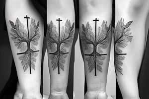 leaves and trees with crosses and jesus full thigh sleeve tattoo idea