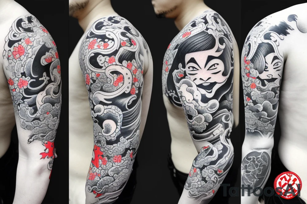 one oni and one hannya on a sleeve tattoo with japonese clouds tattoo idea