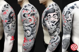 one oni and one hannya on a sleeve tattoo with japonese clouds tattoo idea