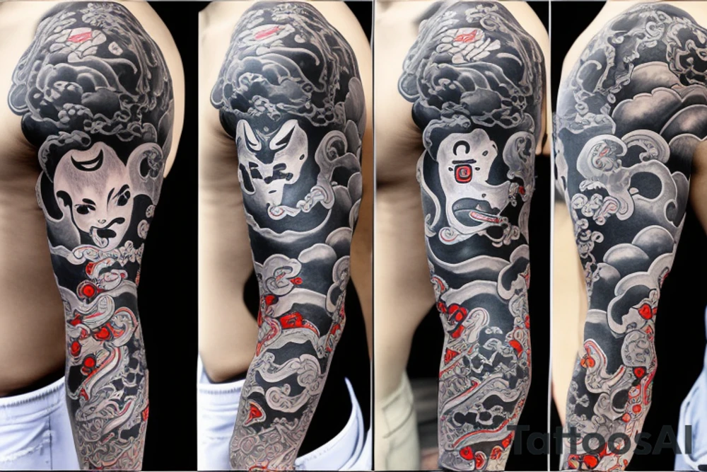 one oni and one hannya on a sleeve tattoo with japonese clouds tattoo idea