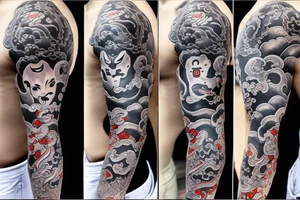 one oni and one hannya on a sleeve tattoo with japonese clouds tattoo idea