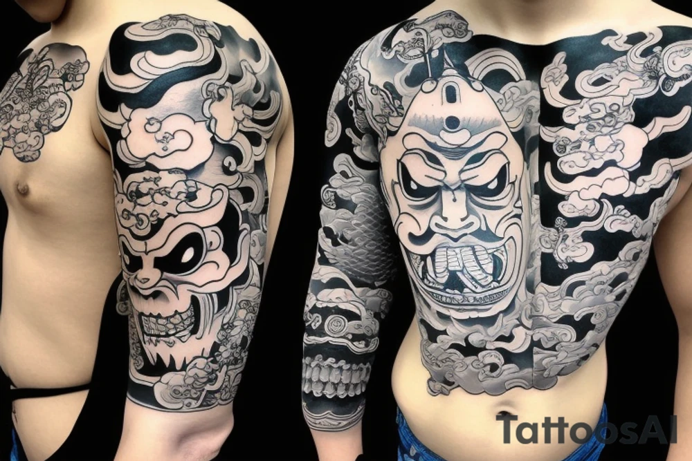 one oni mask and one hannya mask on a sleeve tattoo with japonese clouds tattoo idea