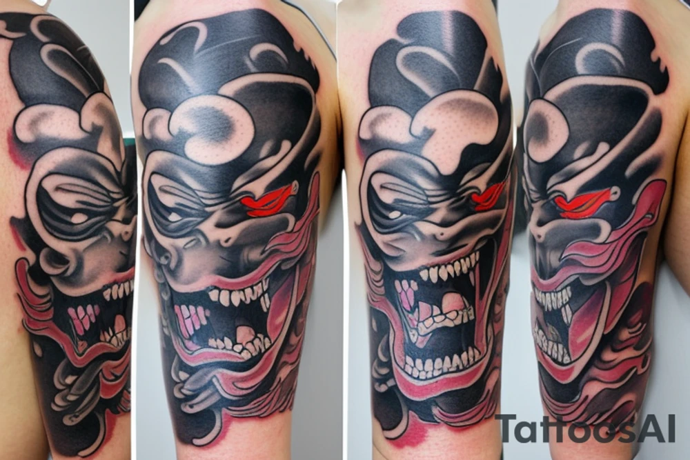 one oni mask and one hannya mask on a sleeve tattoo with japonese clouds tattoo idea