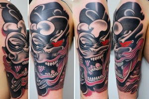 one oni mask and one hannya mask on a sleeve tattoo with japonese clouds tattoo idea
