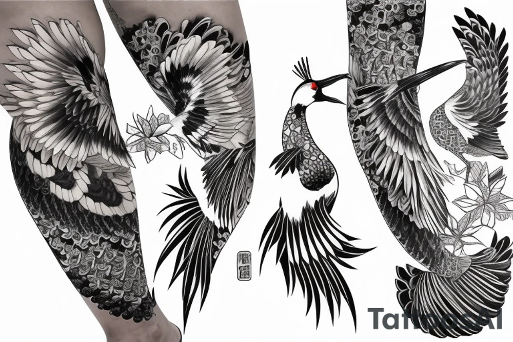 Two Japanese cranes together for leg sleeve tattoo idea