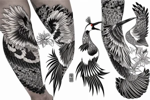 Two Japanese cranes together for leg sleeve tattoo idea