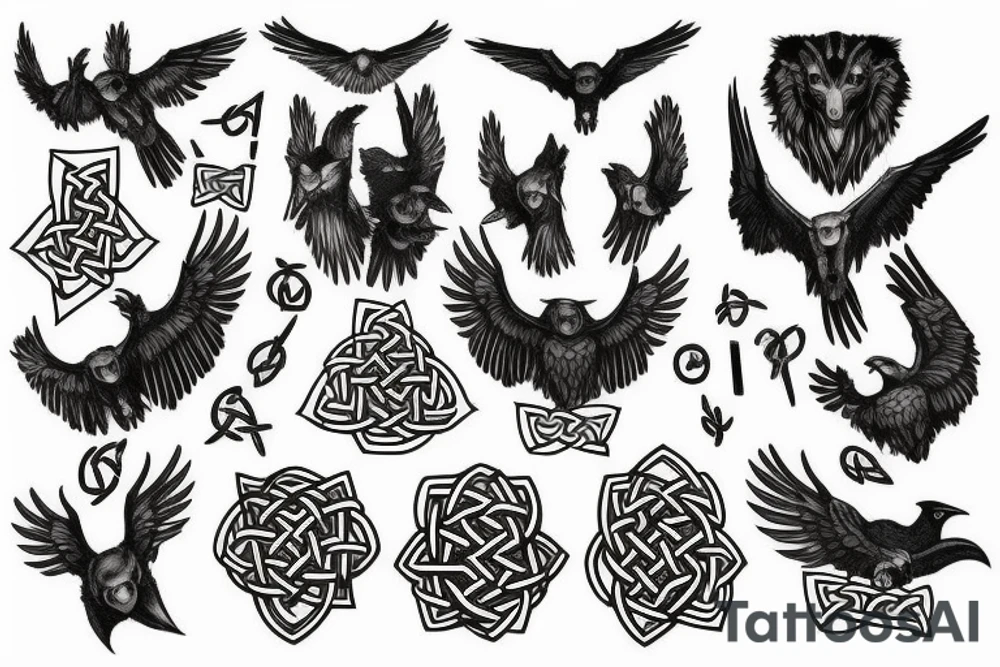 Norse mythology, two ravens, two wolves, a Valkyrie, a vegvísir that looks like it's carved out of stone and some Celtic knotwork. tattoo idea