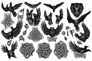 Norse mythology, two ravens, two wolves, a Valkyrie, a vegvísir that looks like it's carved out of stone and some Celtic knotwork. tattoo idea