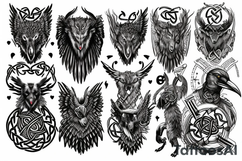 Norse mythology, two ravens, two wolves, a Valkyrie, a vegvísir that looks like it's carved out of stone and some Celtic knotwork. tattoo idea