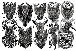 Norse mythology, two ravens, two wolves, a Valkyrie, a vegvísir that looks like it's carved out of stone and some Celtic knotwork. tattoo idea