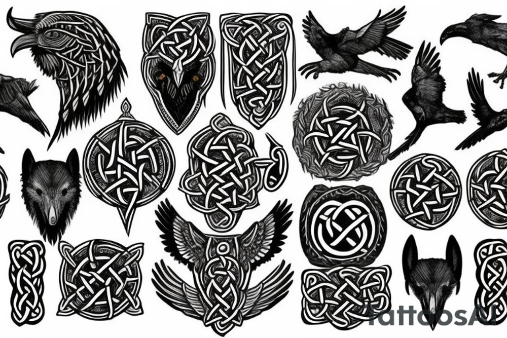 Norse mythology, two ravens, two wolves, a Valkyrie, a vegvísir that looks like it's carved out of stone and some Celtic knotwork. tattoo idea