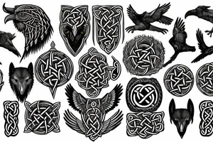 Norse mythology, two ravens, two wolves, a Valkyrie, a vegvísir that looks like it's carved out of stone and some Celtic knotwork. tattoo idea