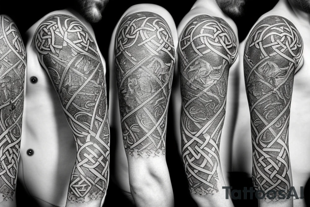 Norse mythology, two ravens, two wolves, a Valkyrie, a vegvísir that looks like it's carved out of stone and some Celtic knotwork. tattoo idea