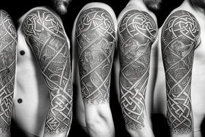 Norse mythology, two ravens, two wolves, a Valkyrie, a vegvísir that looks like it's carved out of stone and some Celtic knotwork. tattoo idea