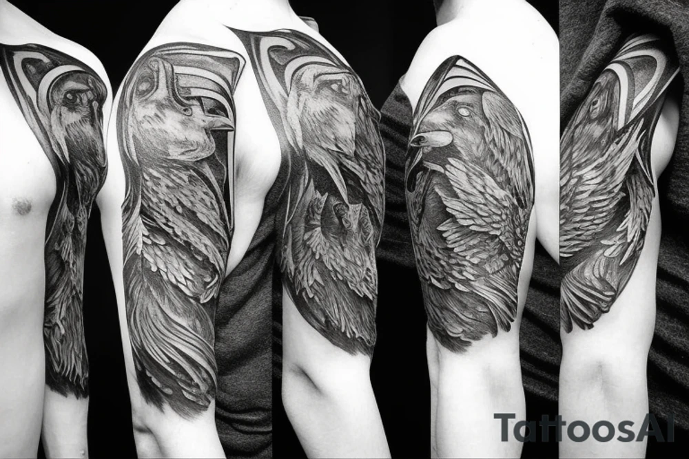 Norse mythology, two ravens, two wolves, a Valkyrie, a vegvísir that looks like it's carved out of stone. tattoo idea