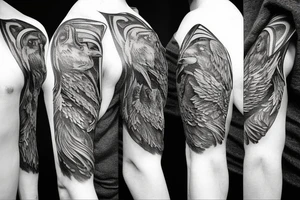 Norse mythology, two ravens, two wolves, a Valkyrie, a vegvísir that looks like it's carved out of stone. tattoo idea