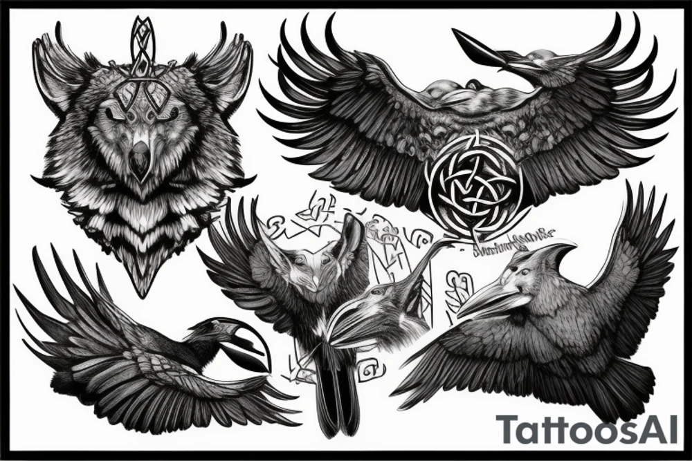 Norse mythology, two ravens, two wolves, a Valkyrie, a vegvísir that looks like it's carved out of stone. tattoo idea