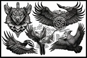 Norse mythology, two ravens, two wolves, a Valkyrie, a vegvísir that looks like it's carved out of stone. tattoo idea