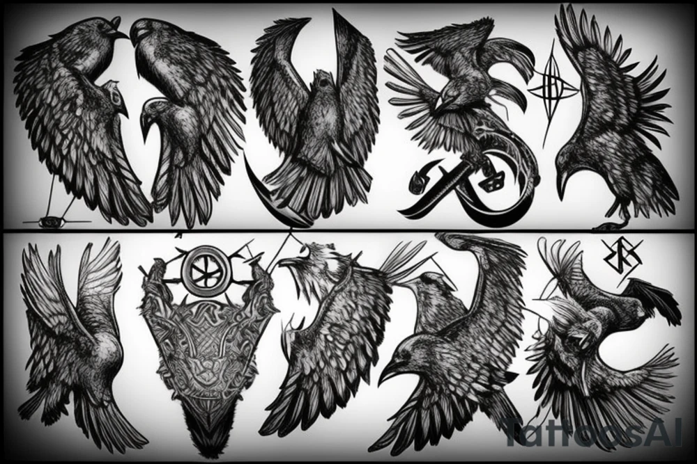 Norse mythology, two ravens, two wolves, a Valkyrie, and a Viking compass that looks like it's carved out of stone. tattoo idea
