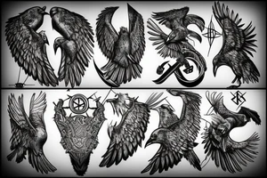 Norse mythology, two ravens, two wolves, a Valkyrie, and a Viking compass that looks like it's carved out of stone. tattoo idea