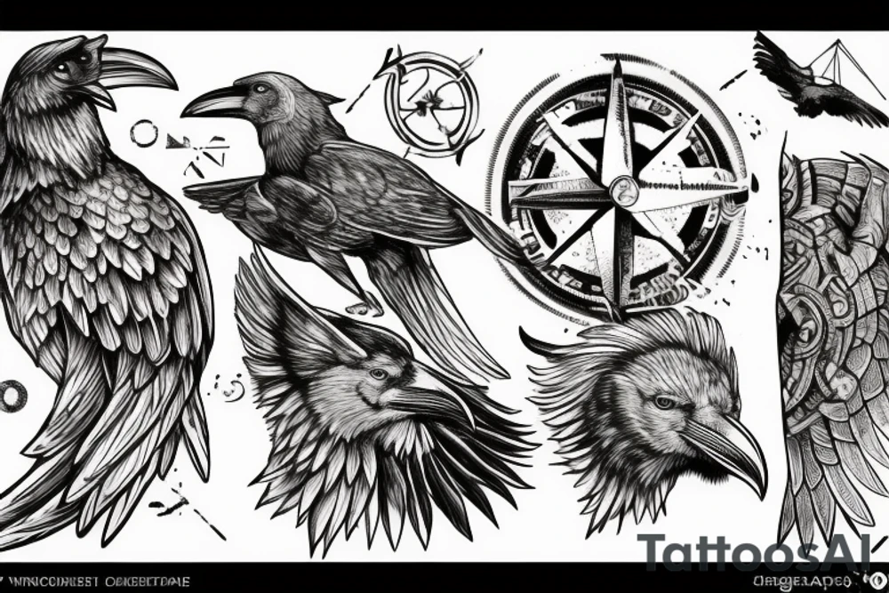 Norse mythology, two ravens, two wolves, a Valkyrie, and a Viking compass that looks like it's carved out of stone. tattoo idea