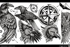Norse mythology, two ravens, two wolves, a Valkyrie, and a Viking compass that looks like it's carved out of stone. tattoo idea