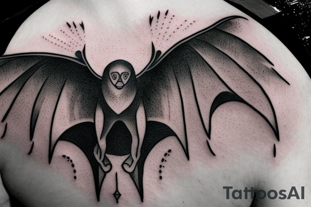 black and grey flying bat with a hollow red halo behind its head tattoo idea
