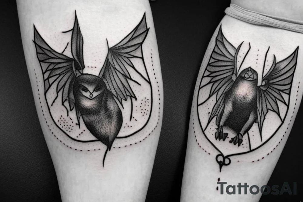 black and grey flying bat with a hollow red halo behind its head tattoo idea