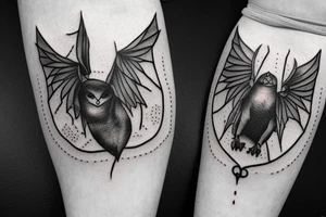 black and grey flying bat with a hollow red halo behind its head tattoo idea