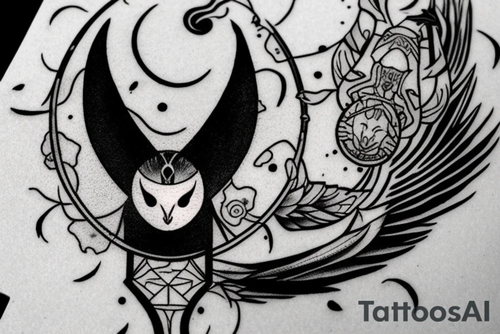 black and grey flying bat with a hollow red halo behind its head tattoo idea