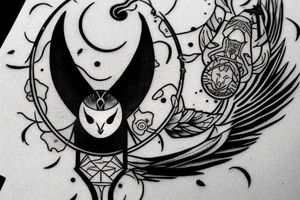 black and grey flying bat with a hollow red halo behind its head tattoo idea