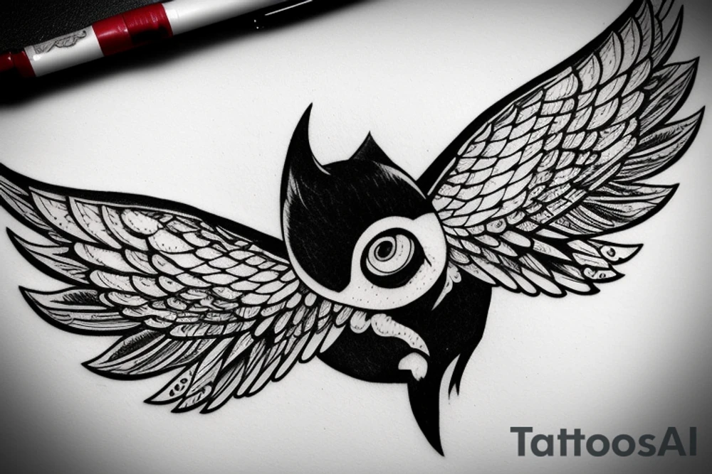 black and grey flying bat with a hollow red halo behind its head tattoo idea
