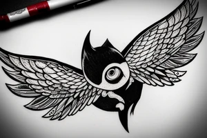 black and grey flying bat with a hollow red halo behind its head tattoo idea