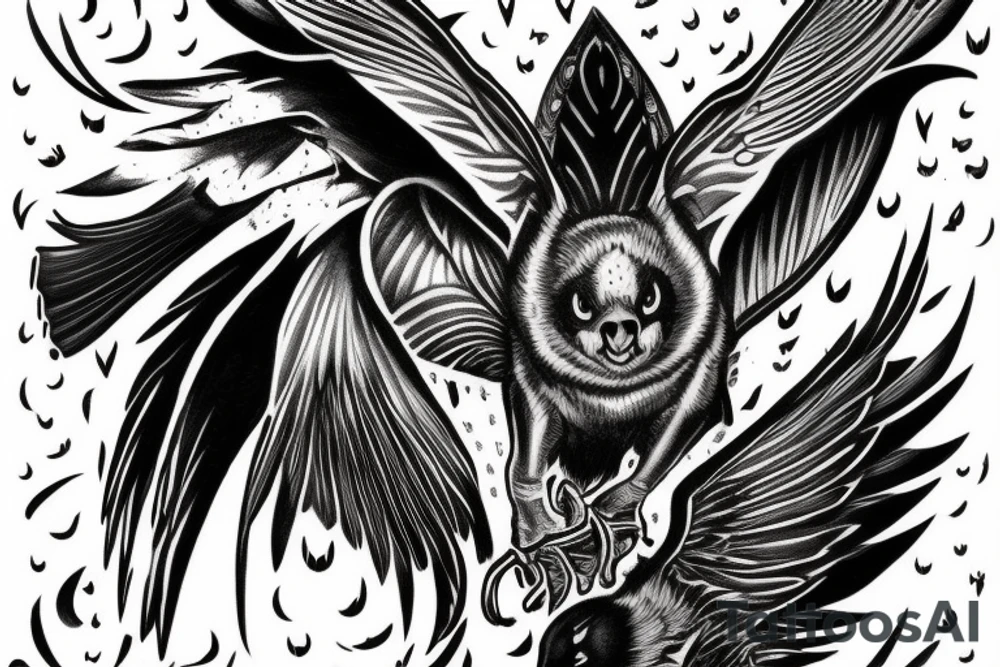 black and grey flying bat with a hollow red halo behind its head tattoo idea