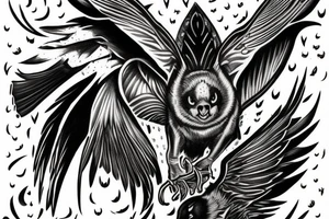 black and grey flying bat with a hollow red halo behind its head tattoo idea