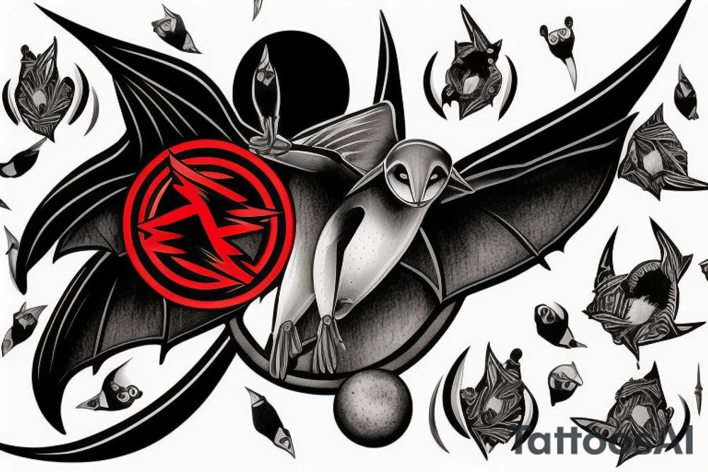 black and grey flying bat with a hollow red halo behind its head tattoo idea