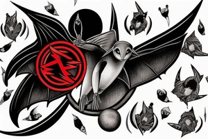 black and grey flying bat with a hollow red halo behind its head tattoo idea