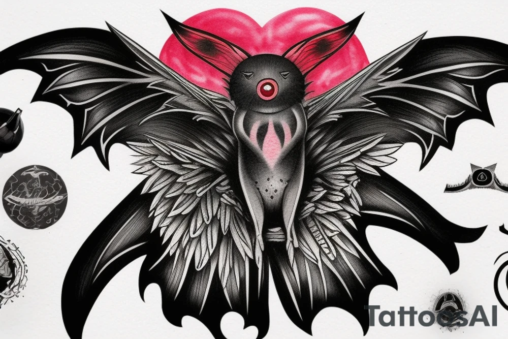 black and grey flying bat with a hollow red halo behind its head tattoo idea