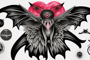 black and grey flying bat with a hollow red halo behind its head tattoo idea