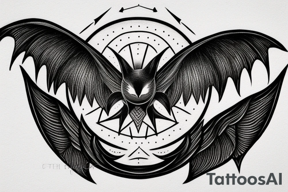 black and grey flying bat with a hollow red halo behind its head tattoo idea