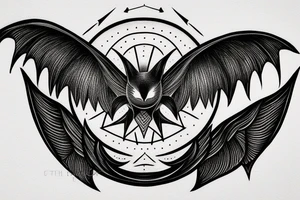 black and grey flying bat with a hollow red halo behind its head tattoo idea